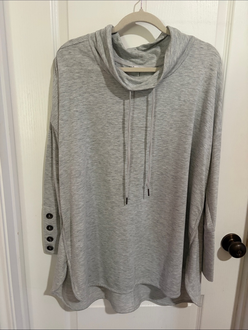 Women’s Light Gray Cowl Neck Pullover Hoodie with Button Sleeve Detail